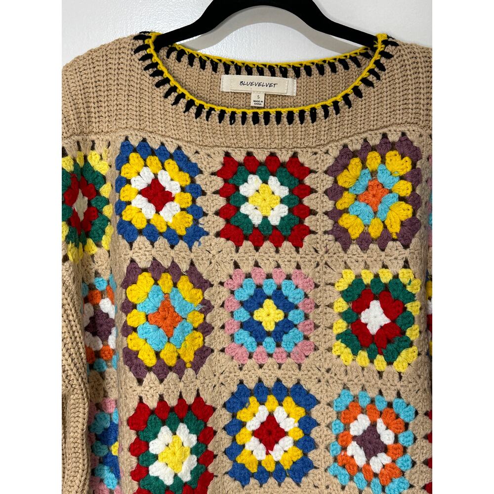 Blue Velvet Granny Square Knit Long Sleeve Sweater Mocha Multicolor Small NWT - Picture 3 of 15